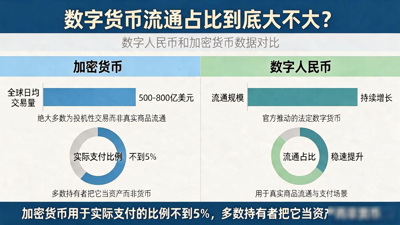 数字人民币流通占比不足1%与加密货币支付现状对比_2026年数字货币法定货币与去中心化加密资产体量差异_数字货币流通占比大吗