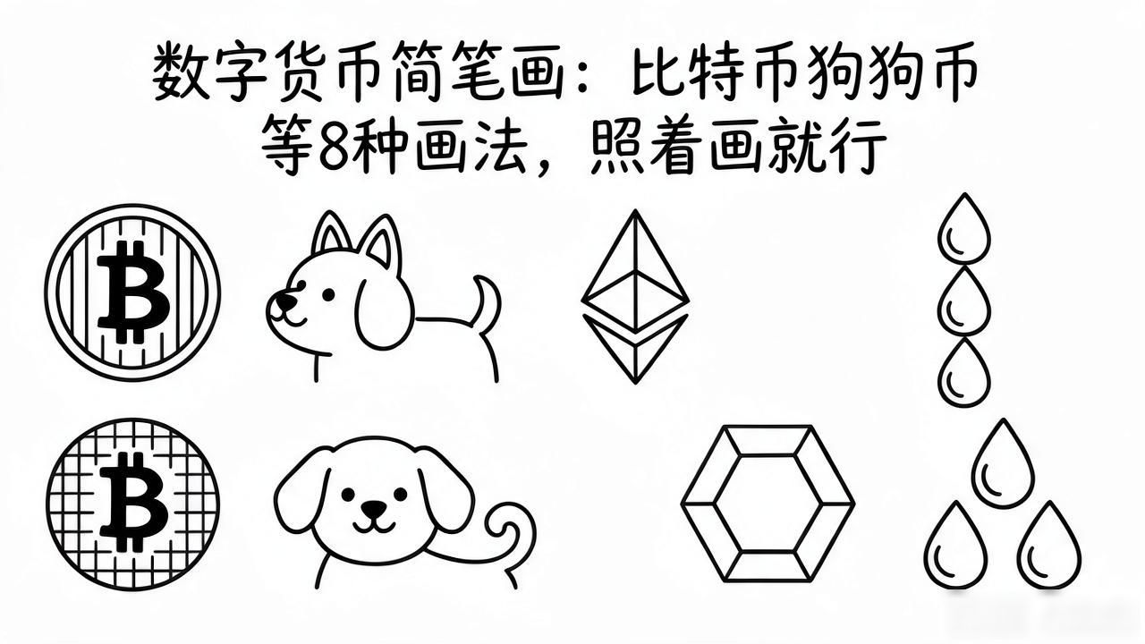 数字货币简笔画大全：比特币狗狗币等8种画法，照着画就行