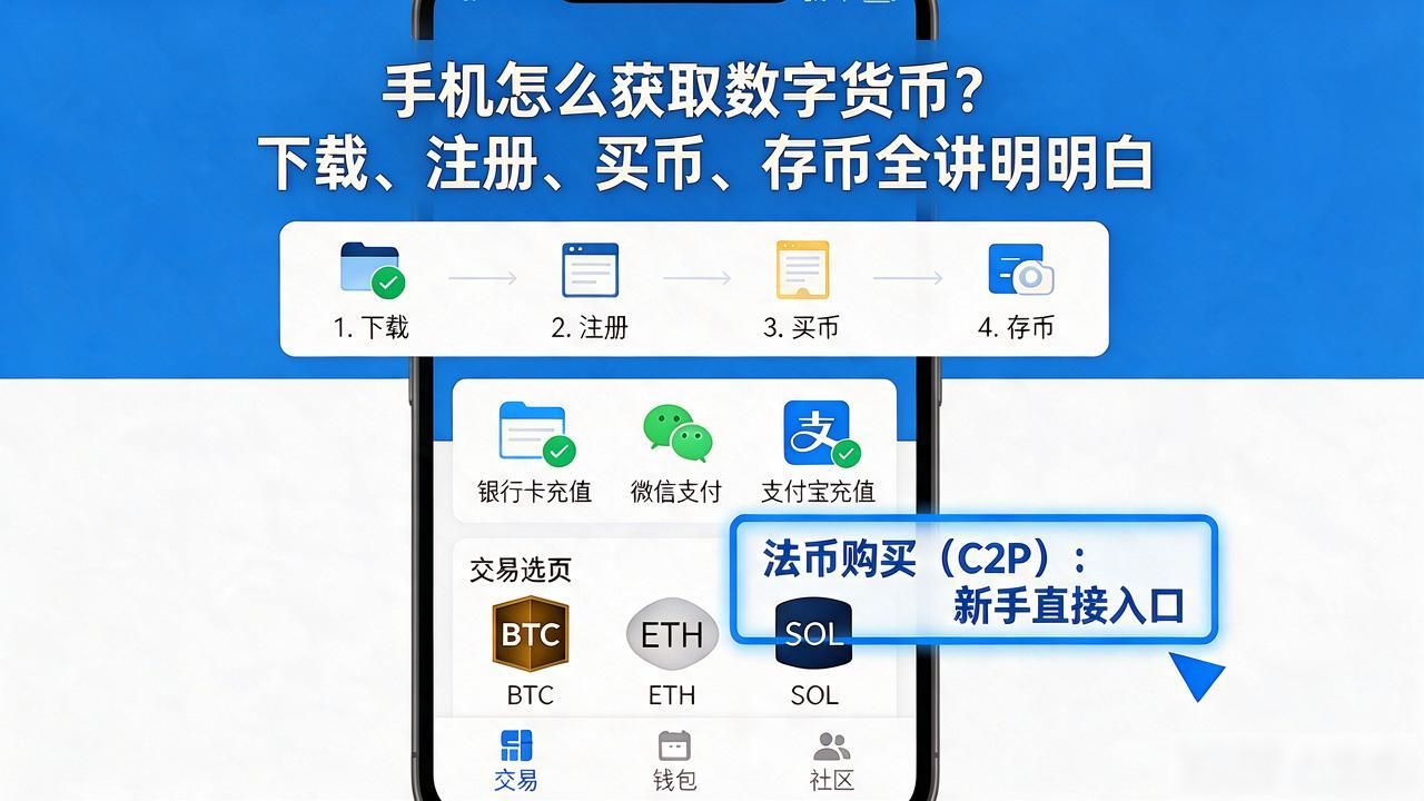 手机下载交易所APP注册买币流程_新手法币购买BTCETH步骤_手机如何获取数字货币