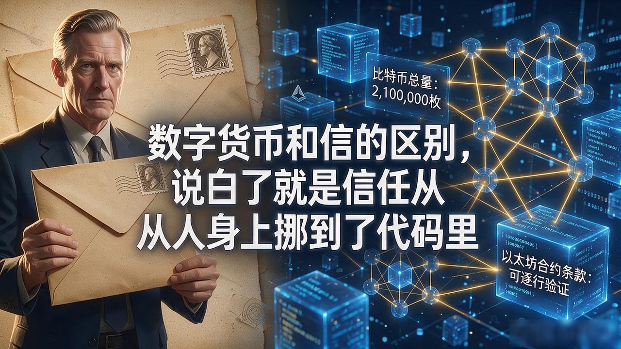 数字货币和信的区别，说白了就是信任从人身上挪到了代码里